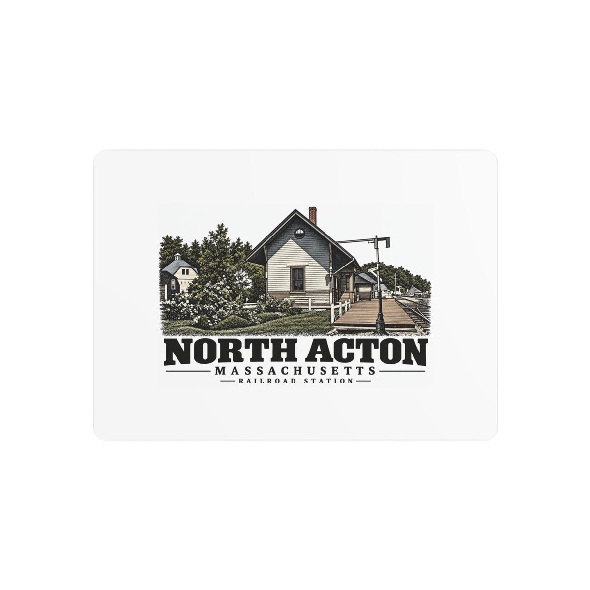 Illustrated North Acton Railroad Station in Acton on metal art sign