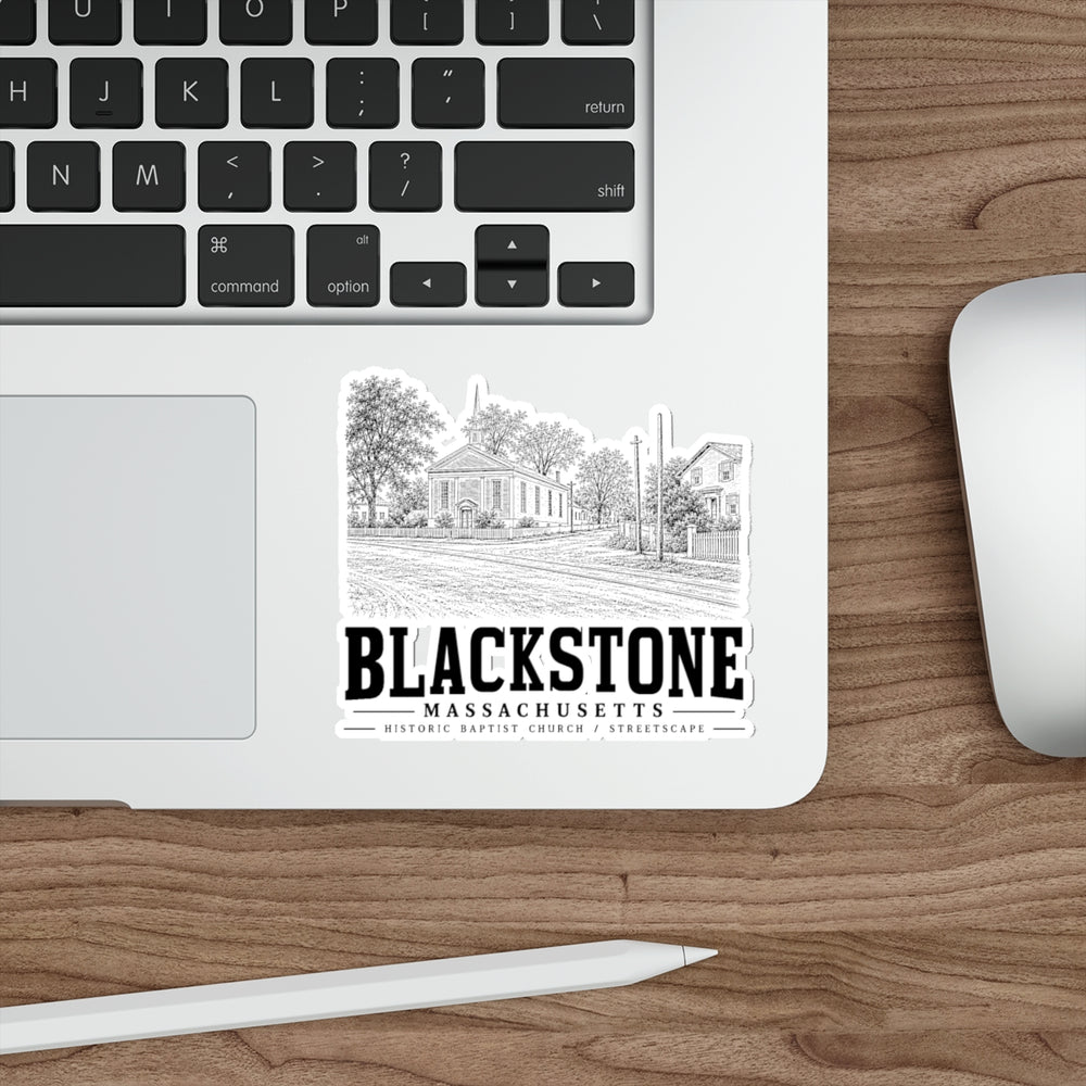 Blackstone Historic Baptist Church / Streetscape 4 in Die-Cut Sticker in White — context-1 view