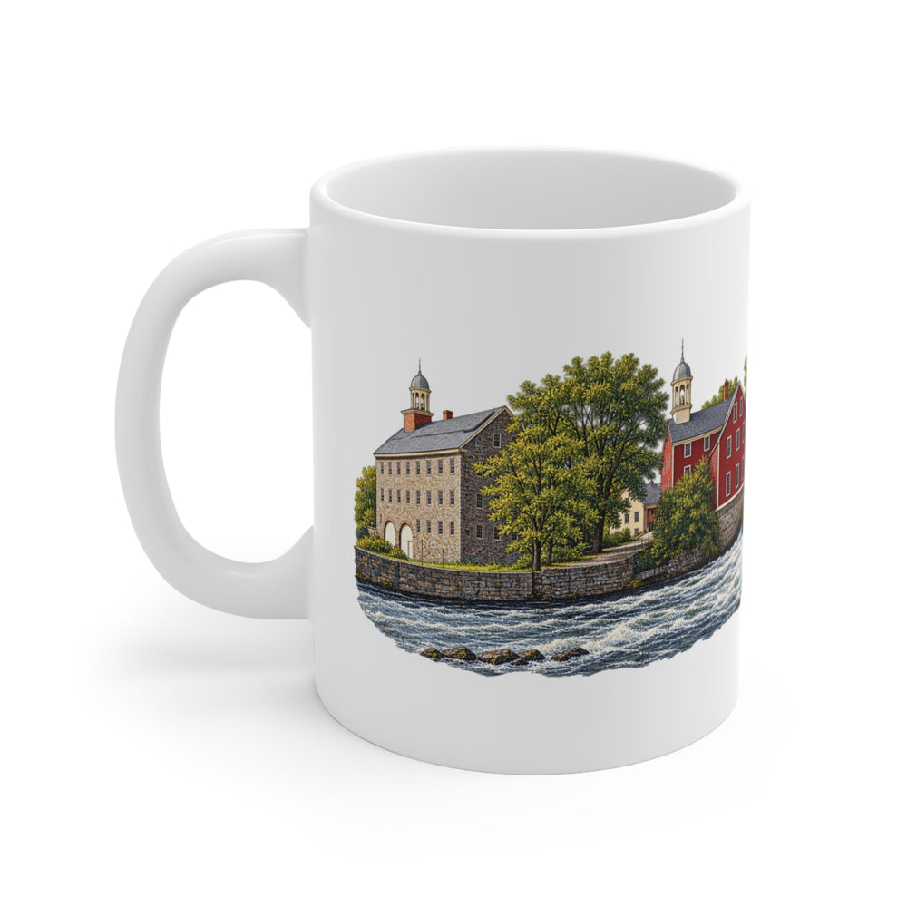 Pawtucket Old Slater Mill and Raceway 11 oz ceramic mug — lettering view, handle right — Familiar History