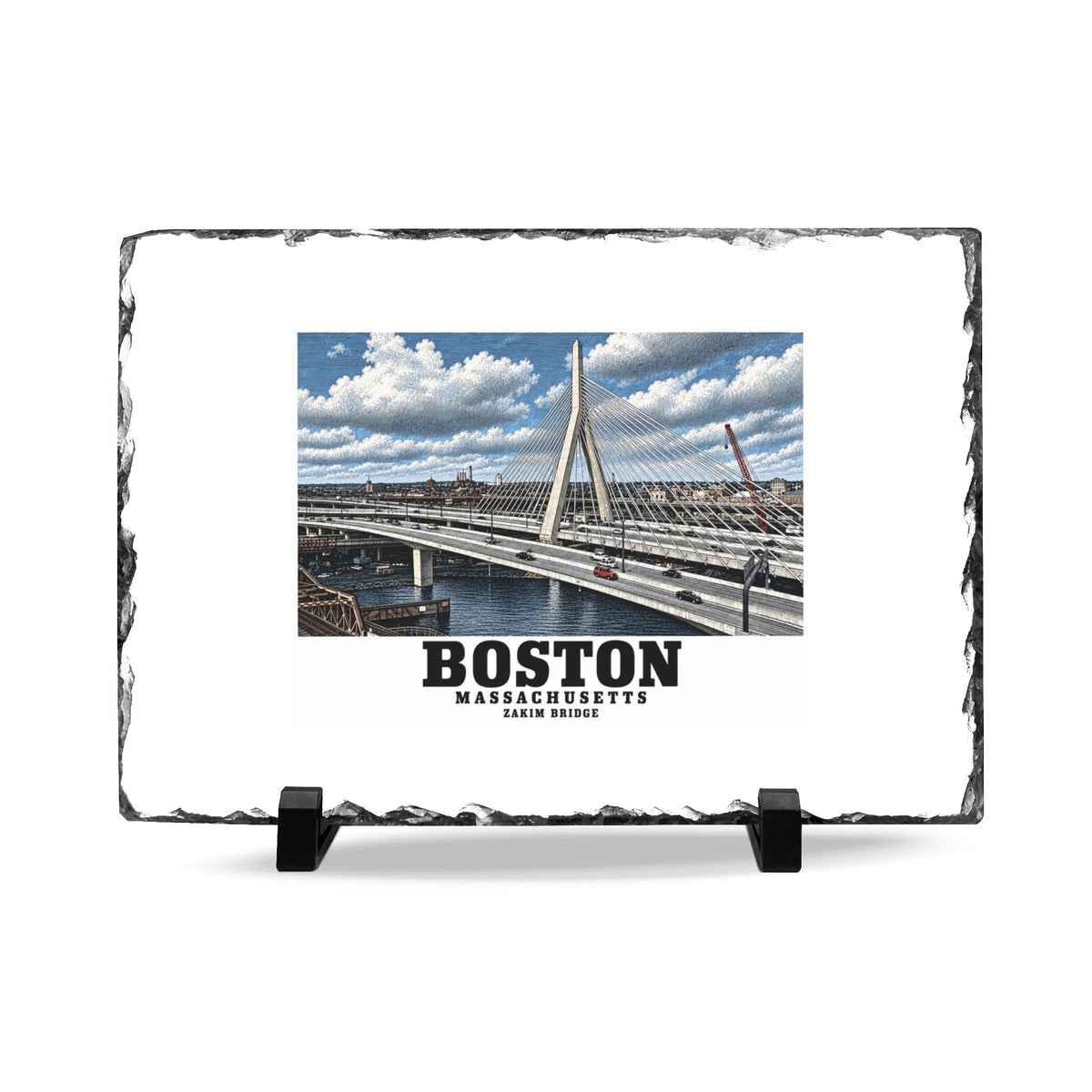 Rough-edged slate display on two black stands with Zakim Bunker Hill Bridge cable-stayed towers and Charles River artwork and Boston lettering