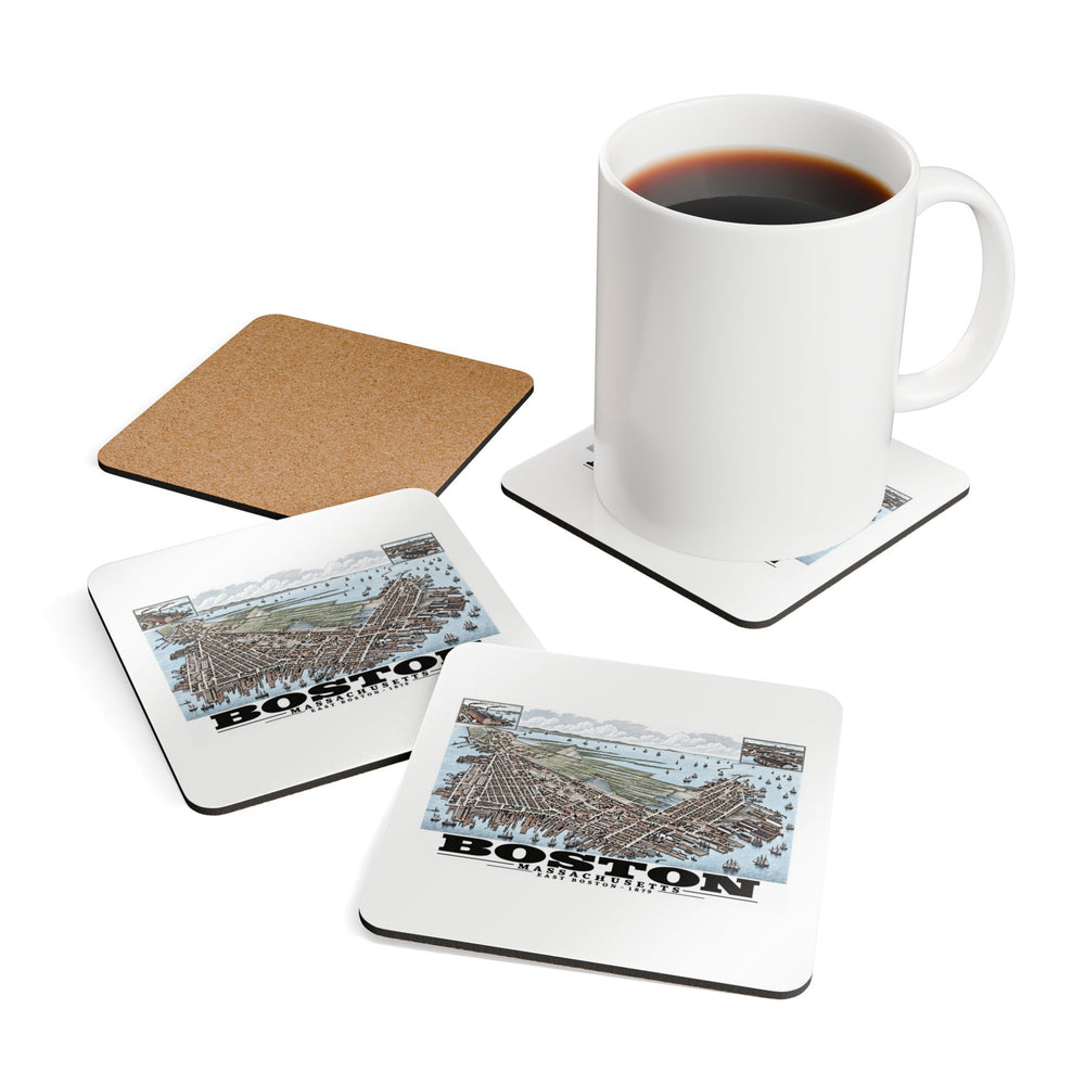 Coasters showing East Boston bird-eye city and harbor panorama with inset views artwork beside a plain white mug of coffee and a coaster's cork reverse