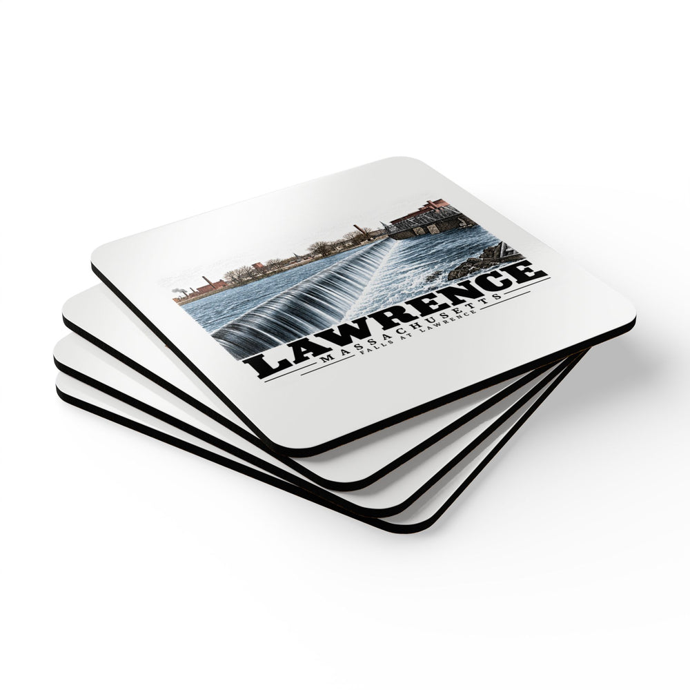 Stack of four coasters of Falls at Lawrence square cork-backed coaster set, Lawrence, Massachusetts.