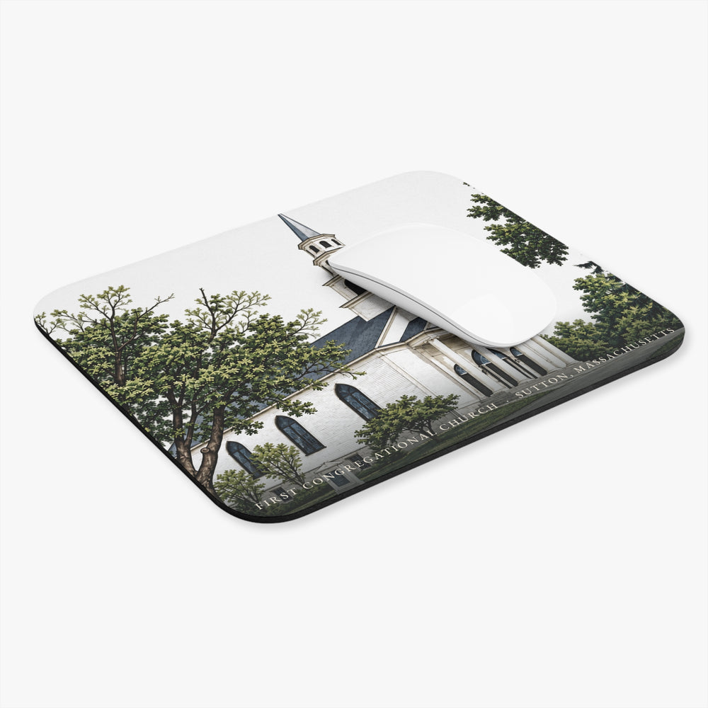 Sutton First Congregational Church mouse pad shown on a desk with a mouse