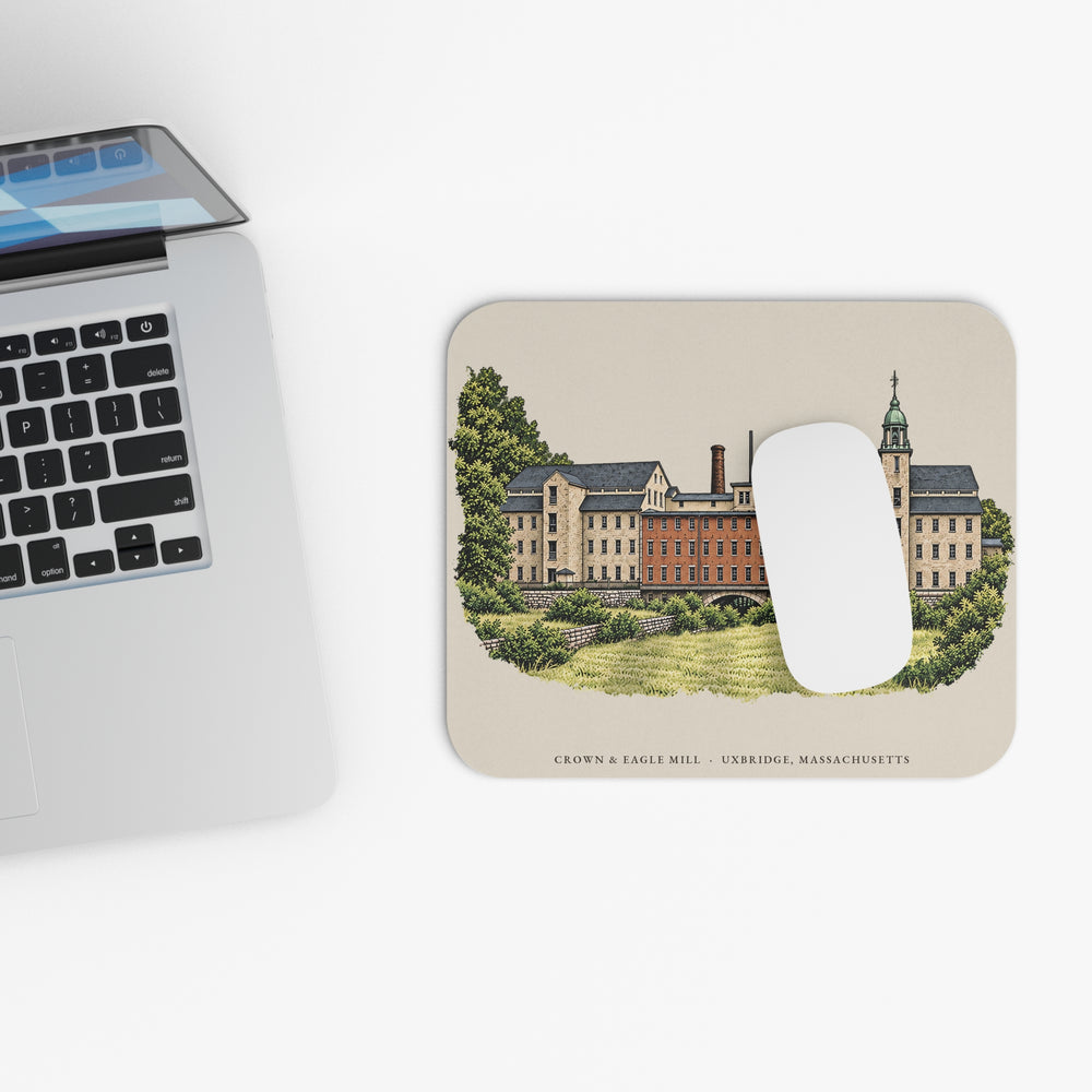 Uxbridge Crown & Eagle Mill mouse pad mockup showing the full illustrated print