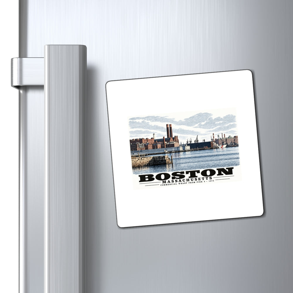 Commercial Wharf waterfront buildings, twin chimneys and harbor water magnet on a refrigerator beside its handle