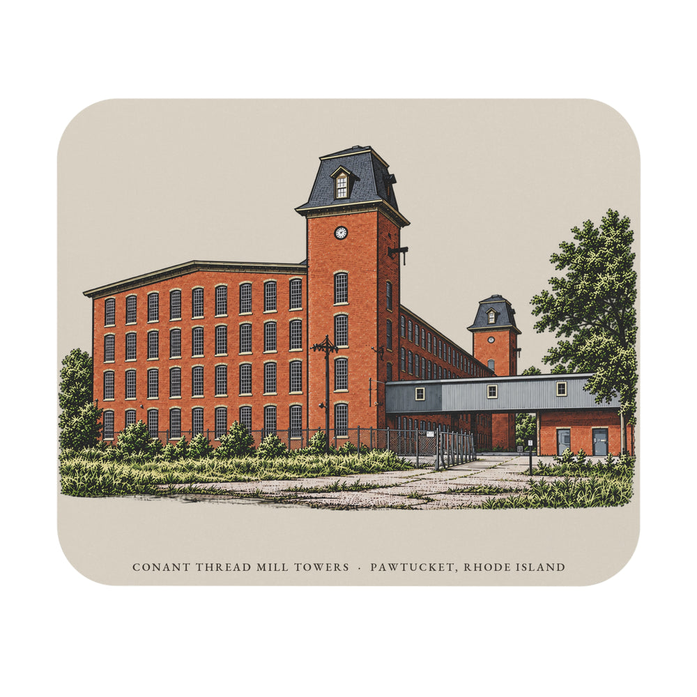 Pawtucket Conant Thread Mill Towers, Pawtucket Side mouse pad mockup showing the full illustrated print