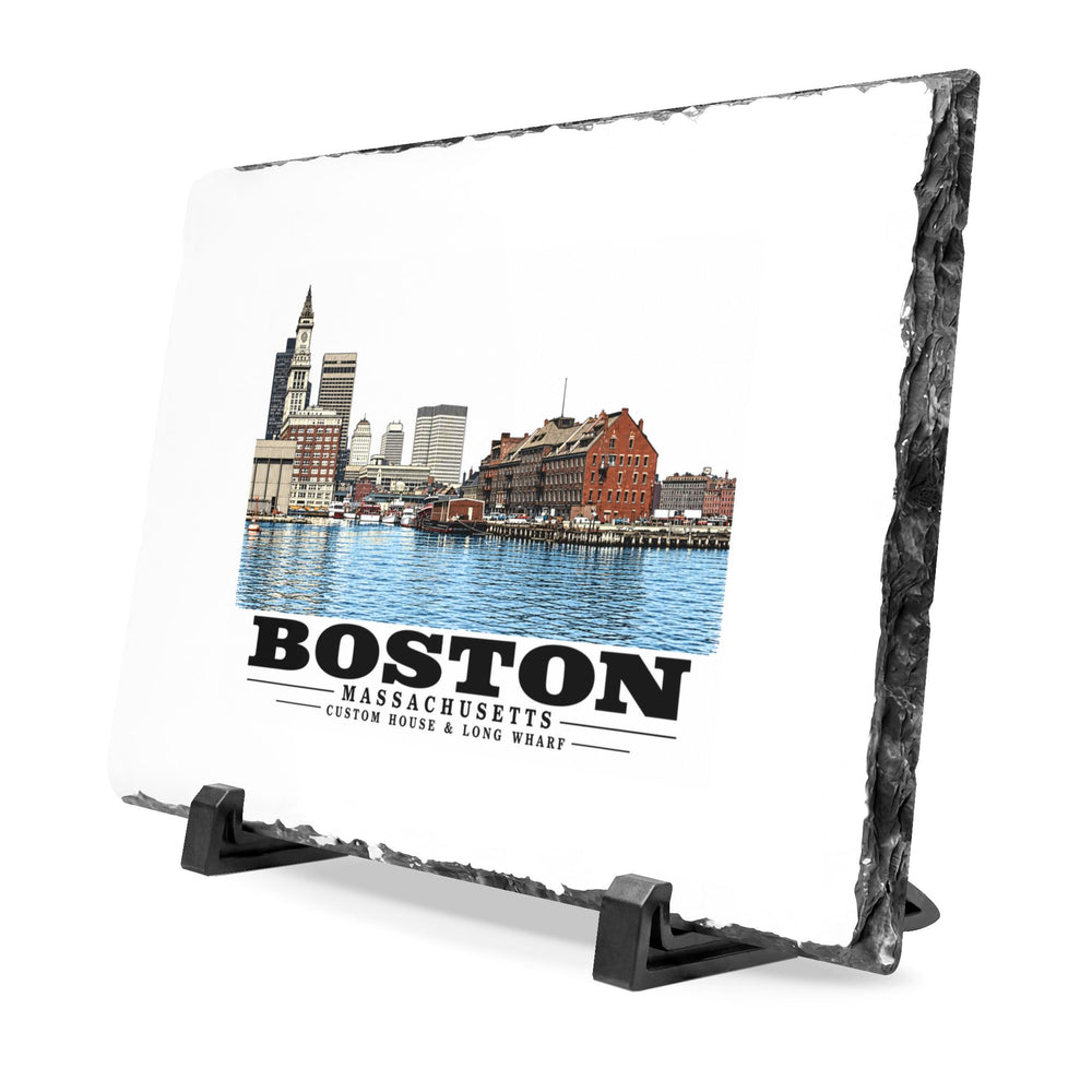 Custom House left to Long Wharf right 7 × 11 in Slate Desk Plaque - Boston Harbor