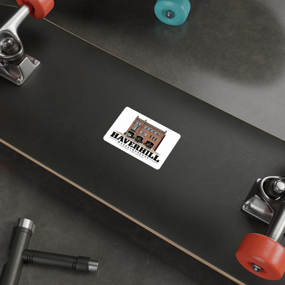Skateboard display of Central Fire Station white die-cut sticker, with Haverhill, Massachusetts artwork and lettering.