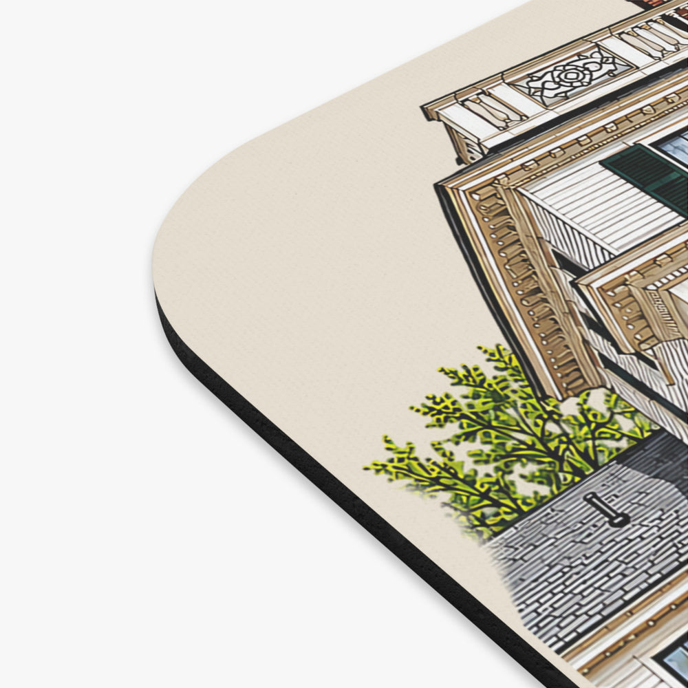 Millbury Asa Waters Mansion mouse pad mockup showing the full illustrated print