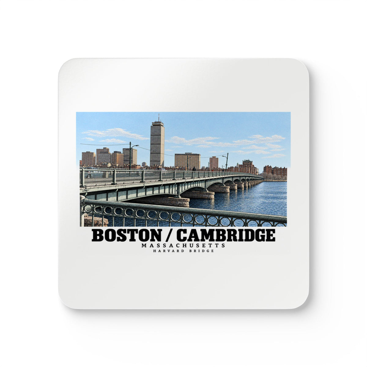 Coaster printed front with Harvard Bridge artwork and Boston/Cambridge lettering