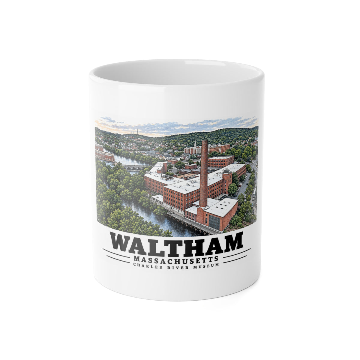 Front view of the white ceramic mug with Waltham Charles River Museum artwork.