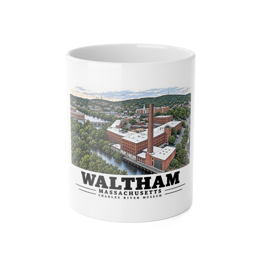 Front view of the white ceramic mug with Waltham Charles River Museum artwork.