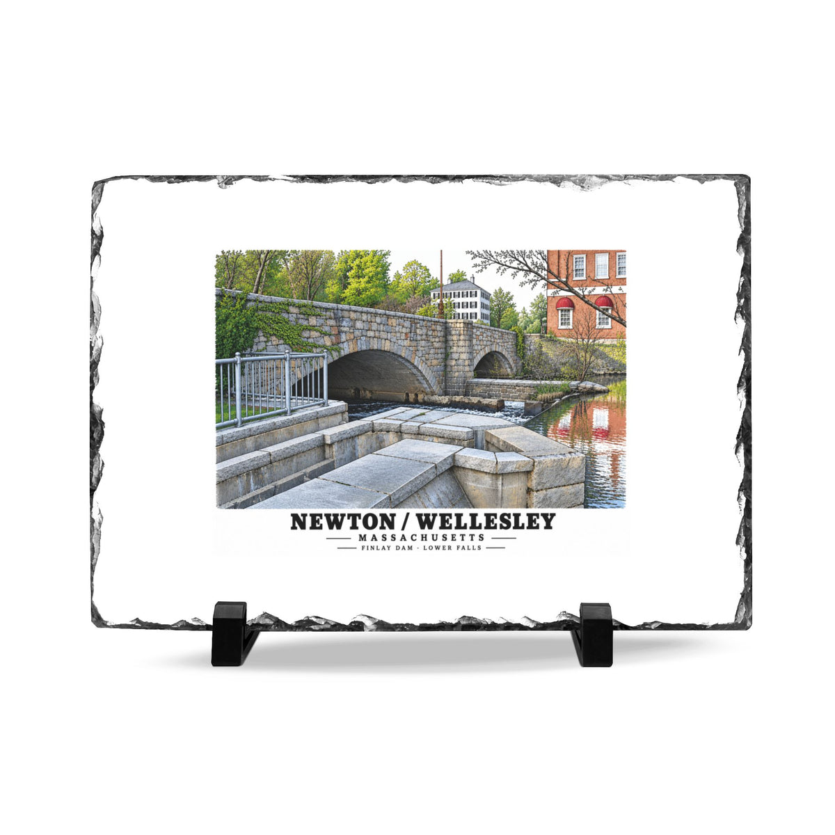 Rough-edged slate display on two black stands with Finlay Dam stone arches and water artwork and Newton/Wellesley lettering