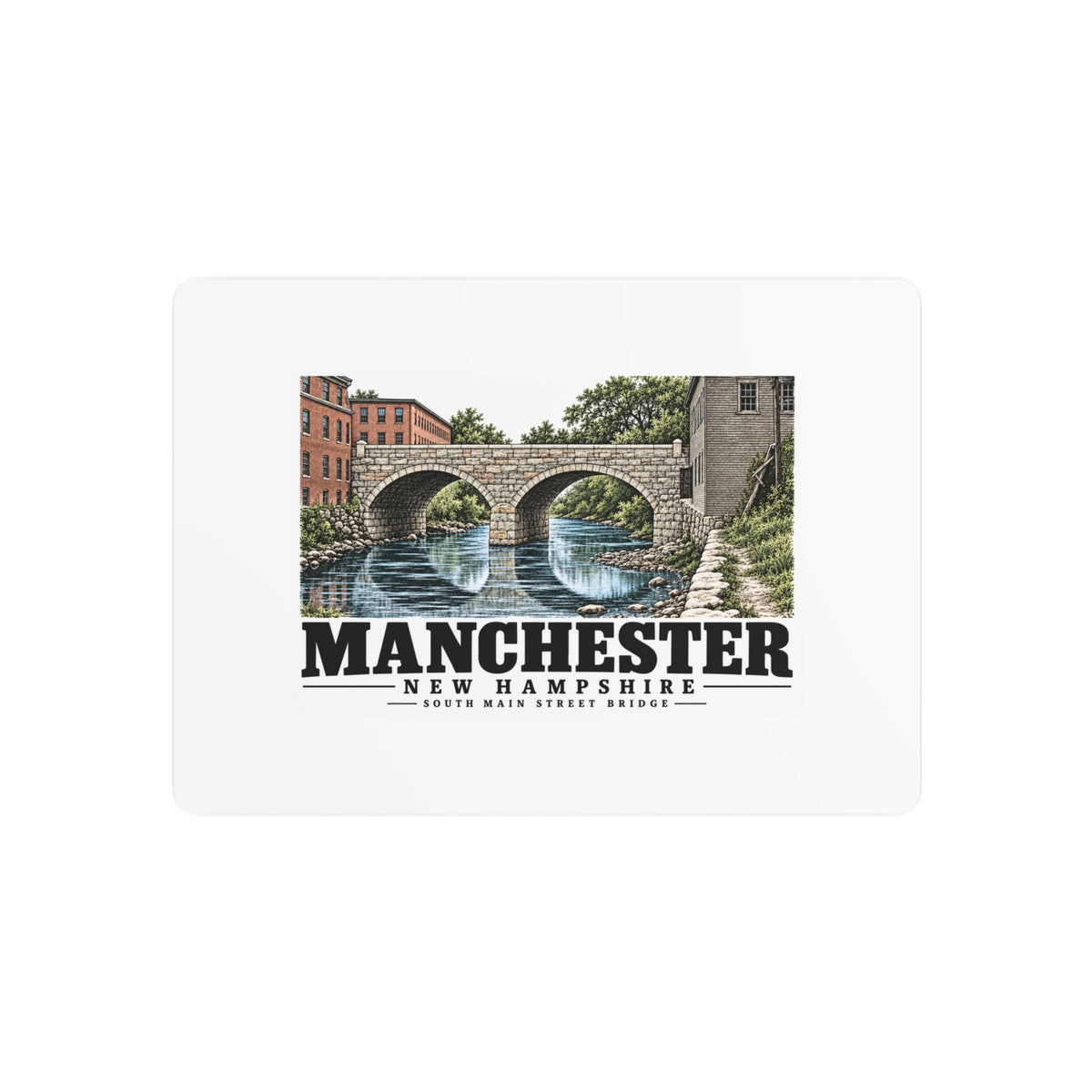 Front of South Main Street Bridge metal wall art, with Manchester, New Hampshire artwork and lettering.