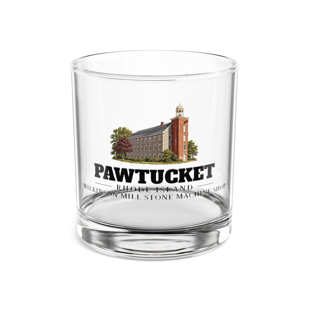 Front view of Pawtucket Wilkinson Mill Stone Machine Shop 10 oz Rocks Glass