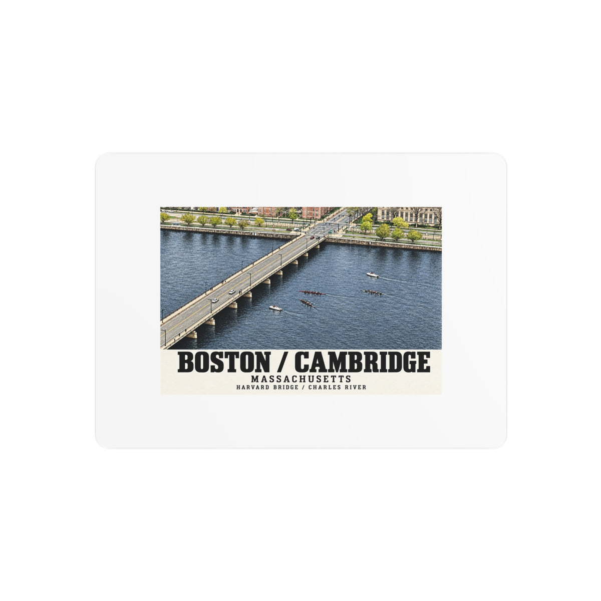 Metal wall print showing Harvard Bridge aerial view with scullers on the Charles River artwork and Boston/Cambridge lettering