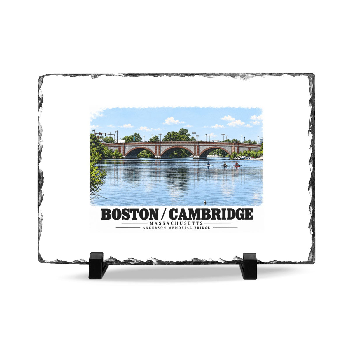 Rough-edged slate display on two black stands with Anderson Memorial Bridge and scullers artwork and Boston/Cambridge lettering