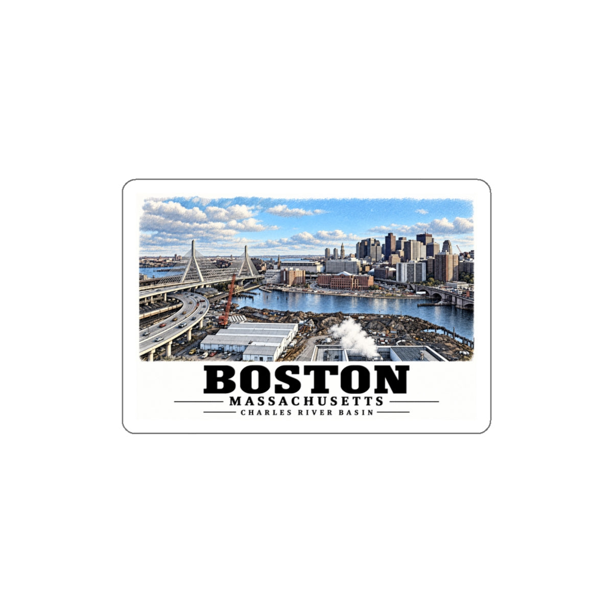 White bordered sticker showing Boston skyline, cable-stayed bridge and Charles River basin artwork and Boston lettering