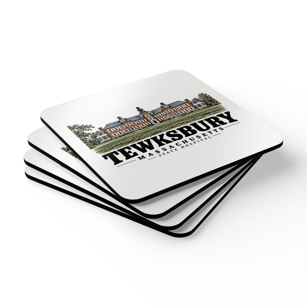 Stack of four coasters of State Hospital square cork-backed coaster set, Tewksbury, Massachusetts.