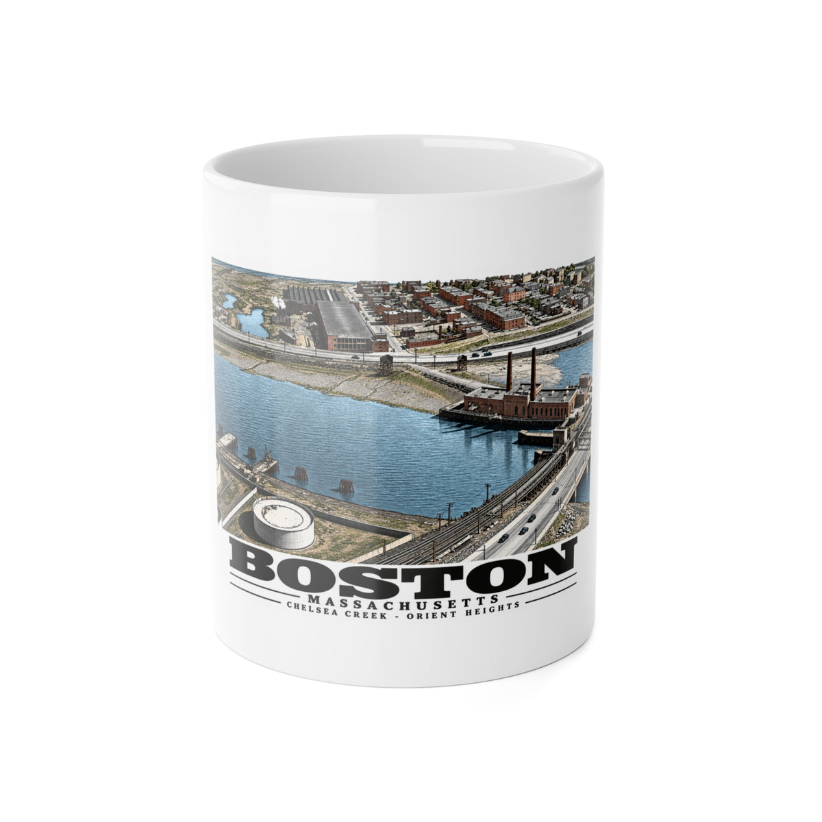 Orient Heights taken at 600 feet-Shore line, Chelsea Creek, East Boston 11 oz White Ceramic Mug - Boston Harbor