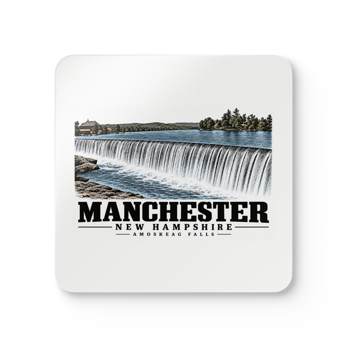 Front of Amoskeag Falls cork-backed coaster set of four, with Manchester, New Hampshire artwork and lettering.