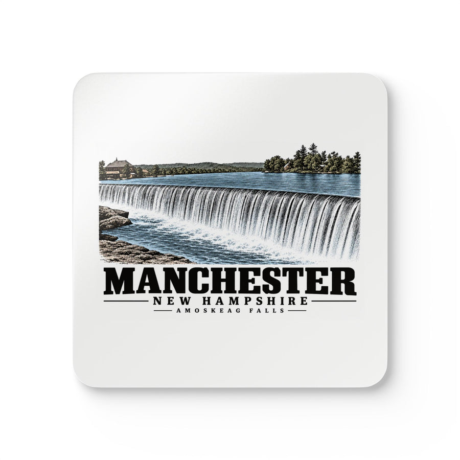 Front of Amoskeag Falls cork-backed coaster set of four, with Manchester, New Hampshire artwork and lettering.