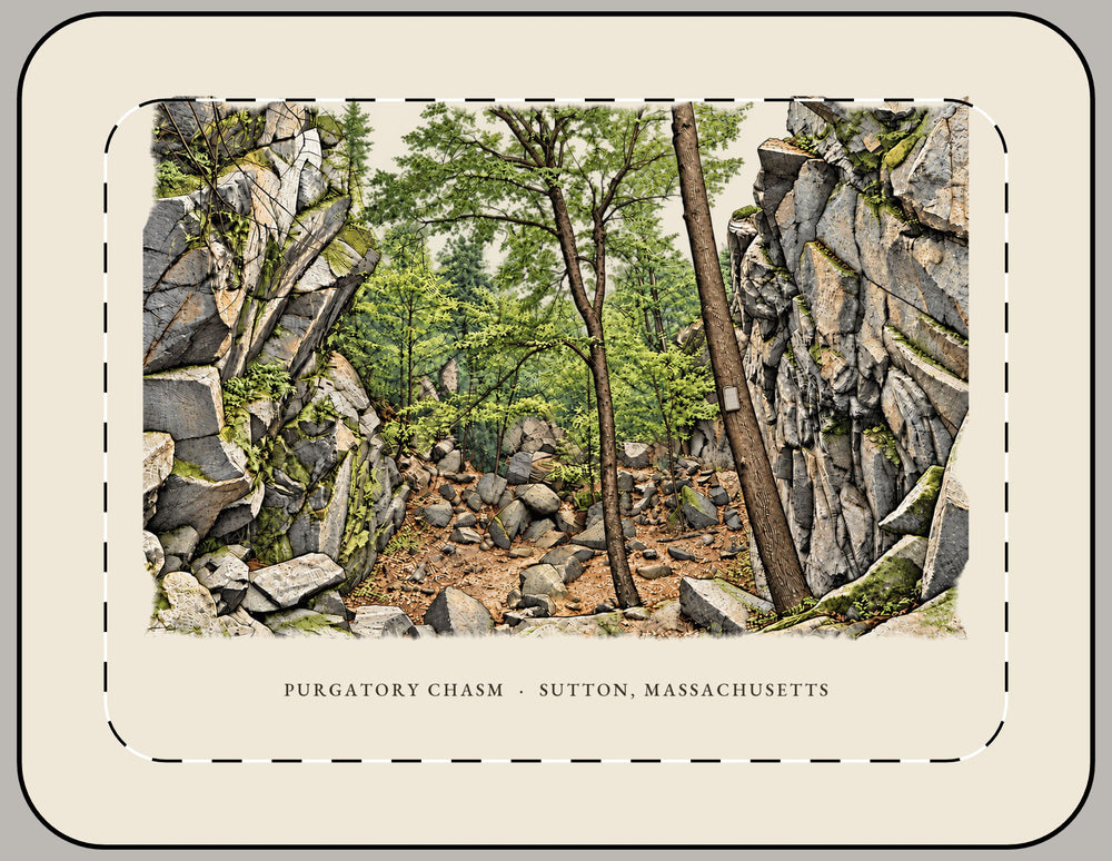 Sutton Purgatory Chasm 15-inch laptop sleeve mockup showing the full illustrated print