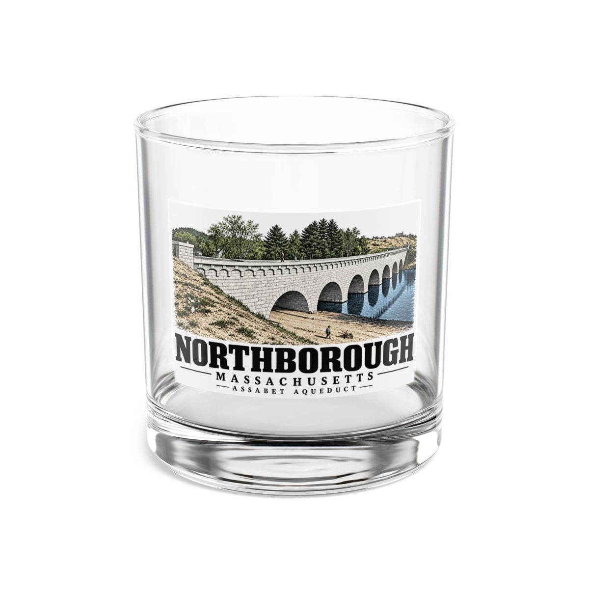 Illustrated Assabet Aqueduct in Northborough on rocks glass
