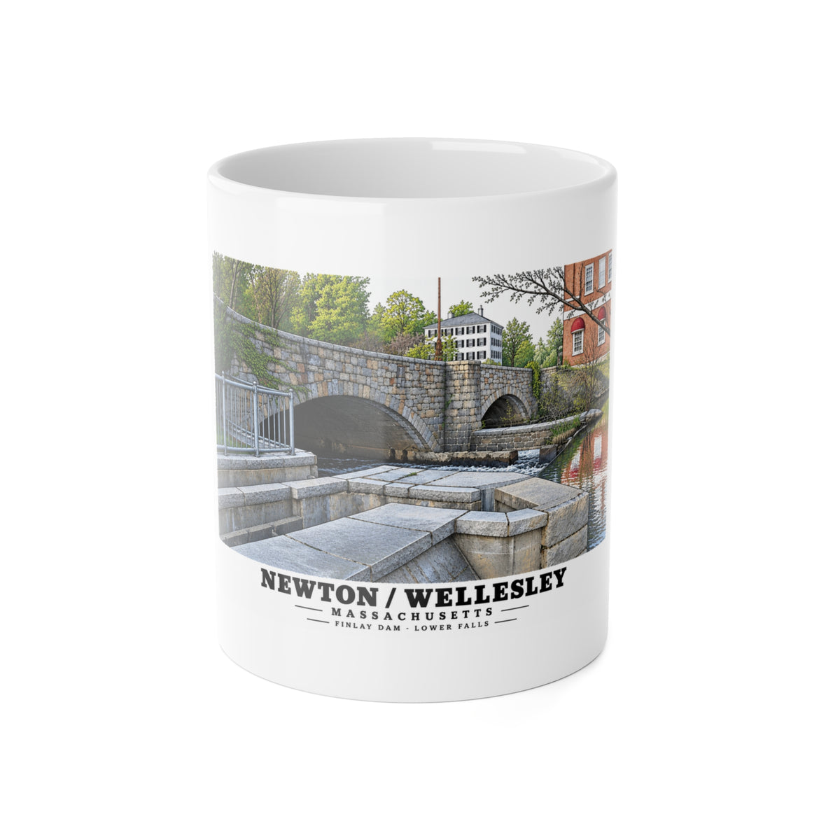 White mug showing Finlay Dam stone arches and water artwork and Newton/Wellesley lettering