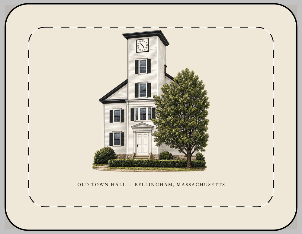 Bellingham Old Town Hall 13-inch laptop sleeve mockup showing the full illustrated print