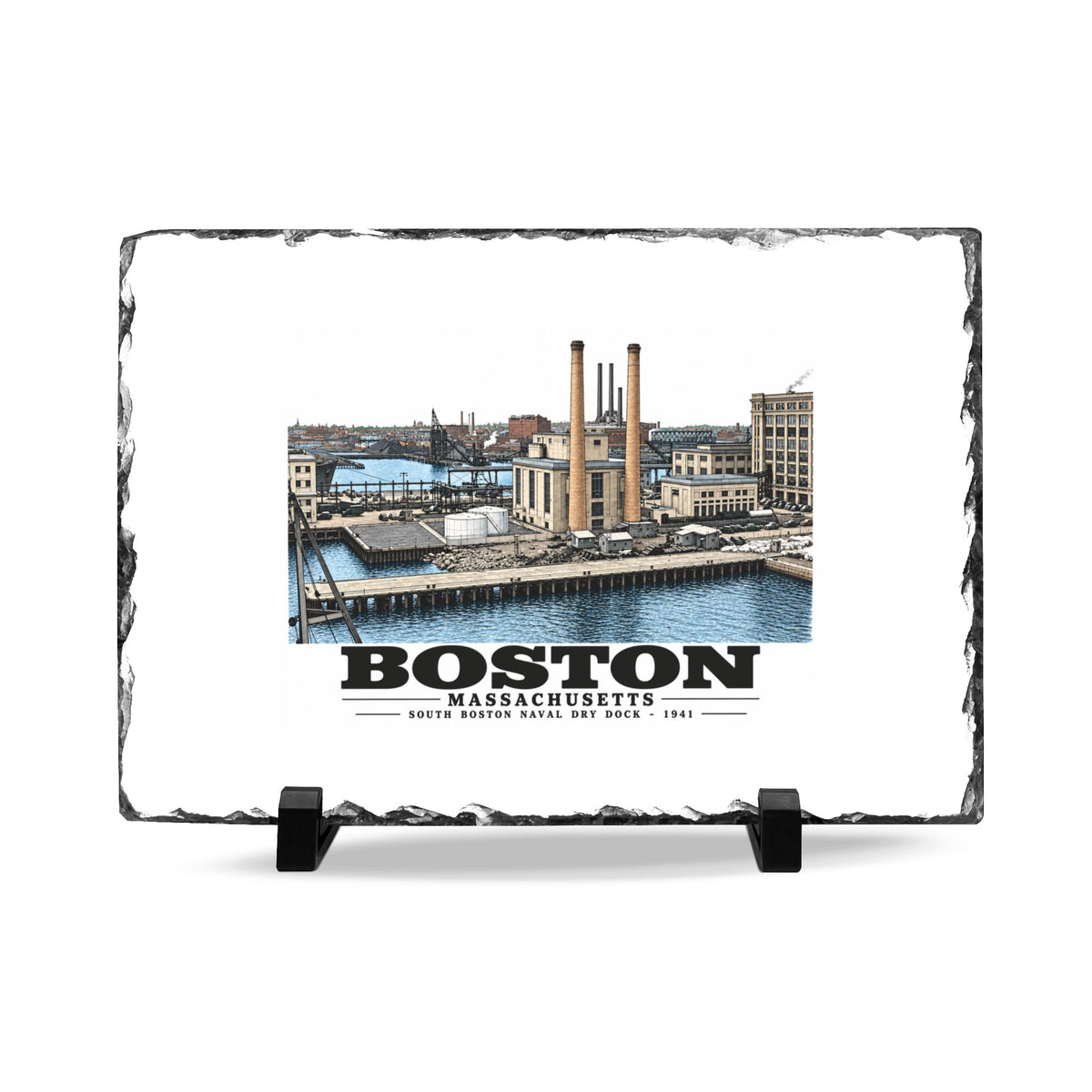 South Boston Dry Dock Area Mar 29-41 from roof of elevator shaft SE 7 × 11 in Slate Desk Plaque - Boston Harbor