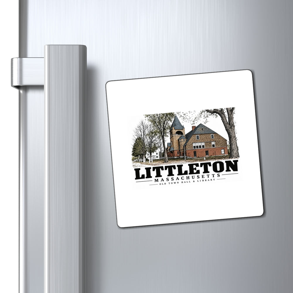 Illustrated Old Town Hall & Library in Littleton on square magnet