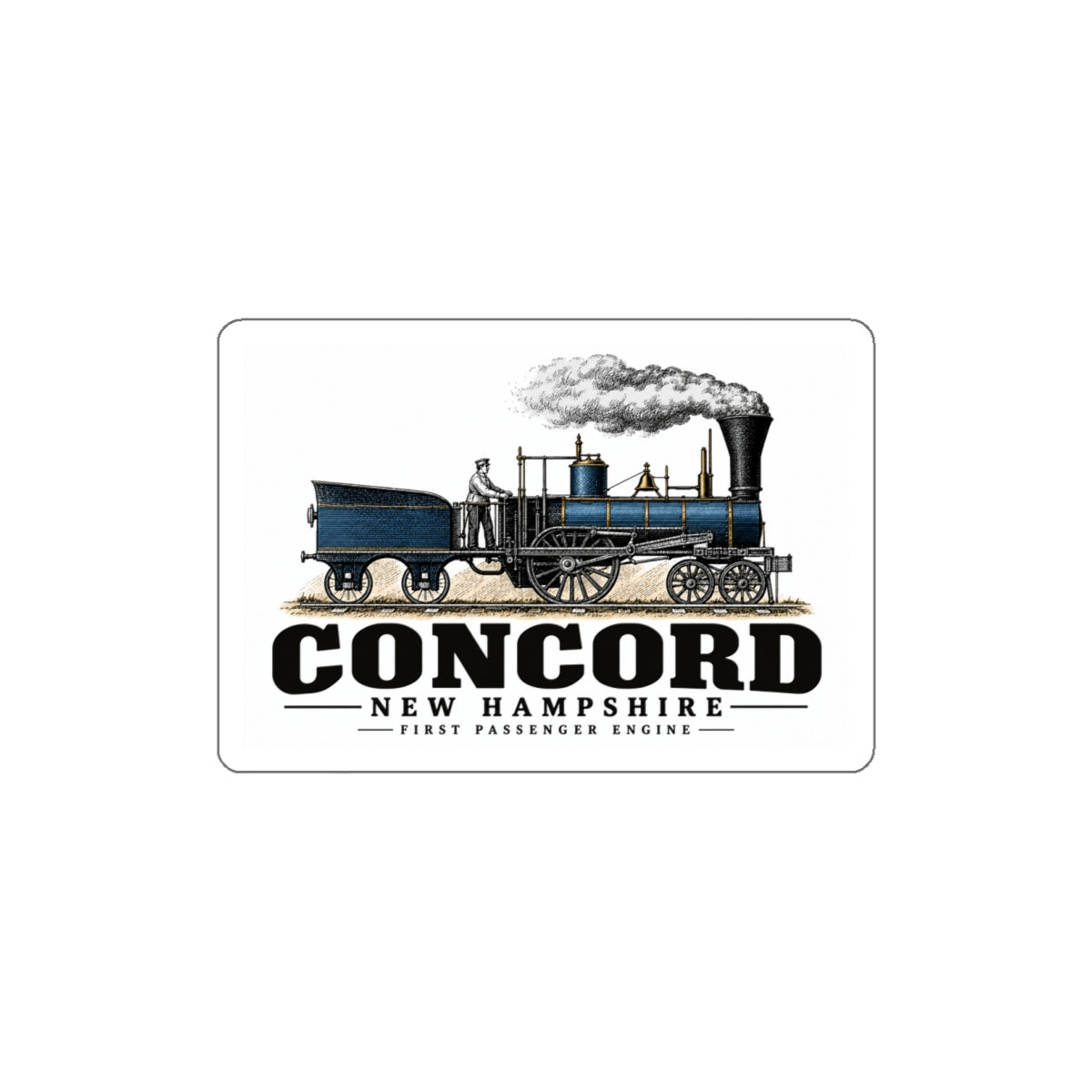 Front of First Passenger Engine white die-cut sticker, Concord, New Hampshire.