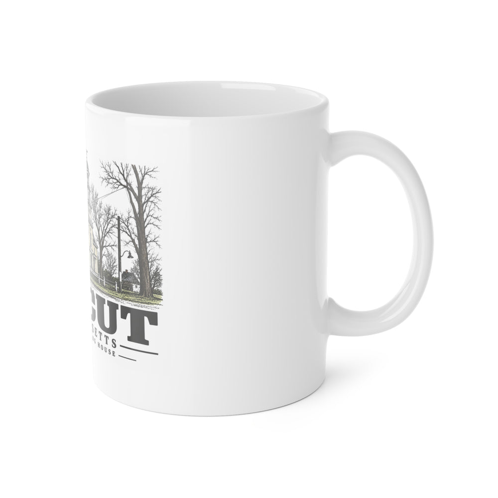 Right-handle side view of Old Yellow Meeting House white ceramic mug, Dracut, Massachusetts.