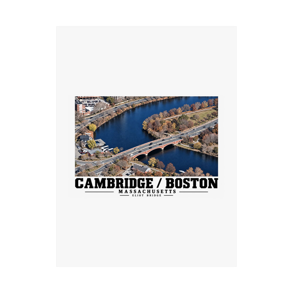 Flat Eliot Bridge aerial river view poster with Cambridge/Boston lettering