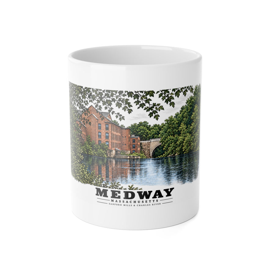 Sanford Mills and Sanford Street Bridge, Charles River, Medway village 11 oz White Ceramic Mug - Charles River