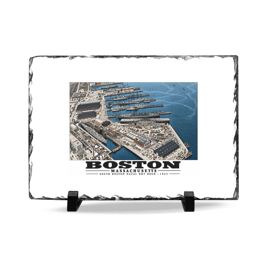 Aerial view of US Naval Dry Dock-BB-61 USS IOWA in dry dock #3-USS BUNKER HILL at East Jetty-AP-21 USS WAKEFIELD at pier 7 × 11 in Slate Desk Plaque - Boston Harbor