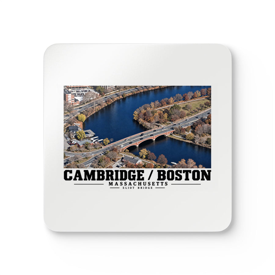 White square coaster showing Eliot Bridge aerial river view artwork and Cambridge/Boston lettering