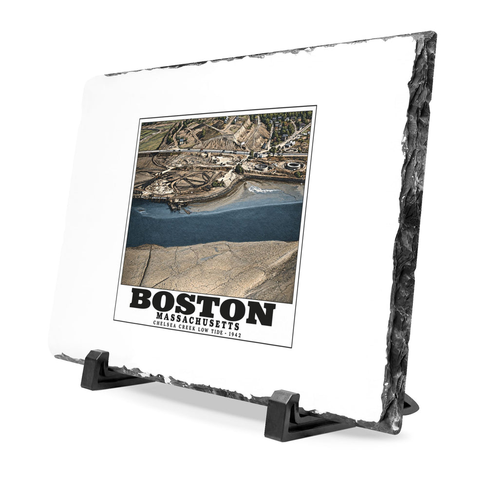Shoreline, Chelsea Creek, East Boston, MA, Low Tide, Oil Storage 7 × 11 in Slate Desk Plaque - Boston Harbor