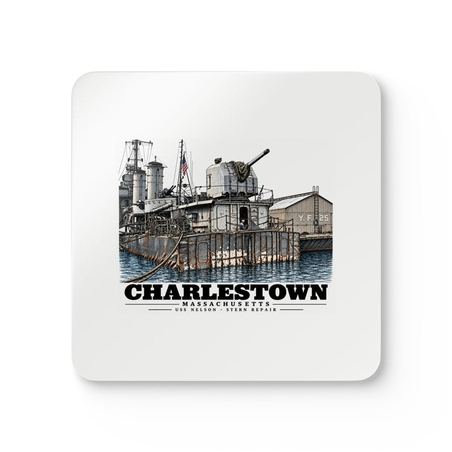 Front of four-piece coaster set with USS Nelson stern repair artwork and Charlestown lettering