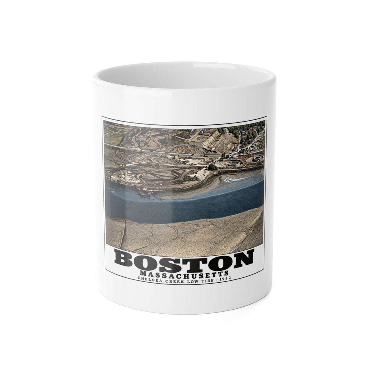 Shoreline, Chelsea Creek, East Boston, MA, Low Tide, Oil Storage 11 oz White Ceramic Mug - Boston Harbor