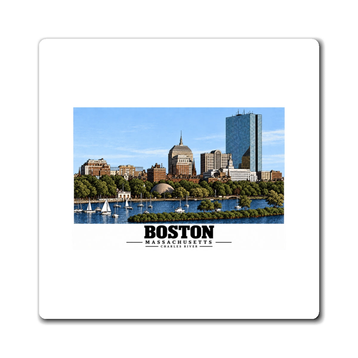 Illustrated St. Charles River view of Boston, Massachusetts in Boston and Cambridge on square magnet