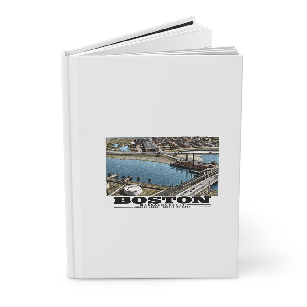 Orient Heights taken at 600 feet-Shore line, Chelsea Creek, East Boston Matte Hardcover Journal - Boston Harbor