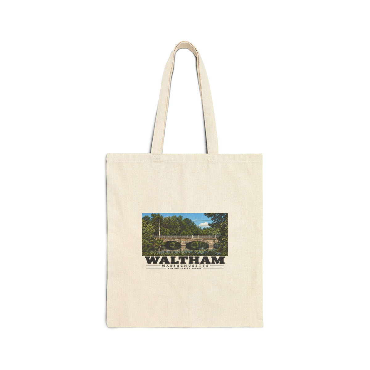 Front view of the natural canvas tote with Waltham Newton Street Bridge artwork.