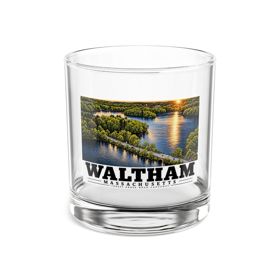 Illustrated Forest Grove Road Causeway in Waltham on rocks glass