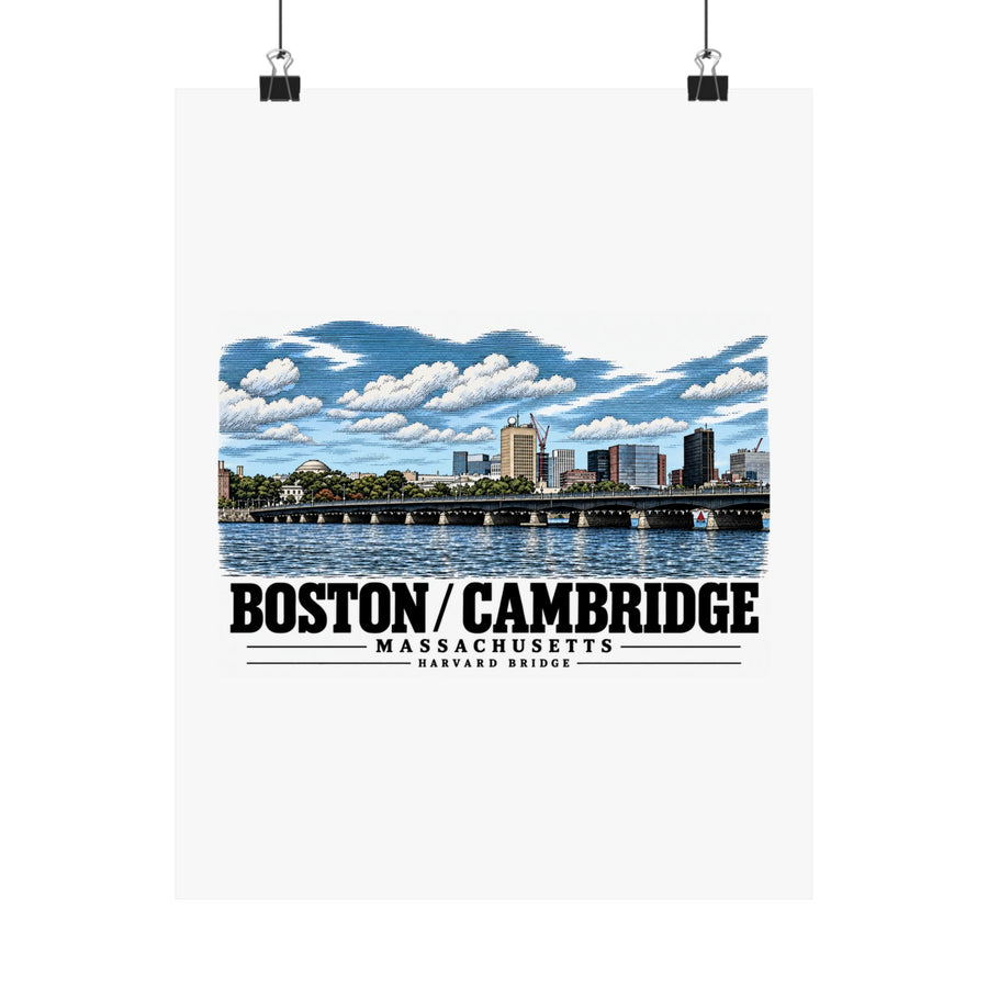 Harvard Bridge river and skyline view poster with Boston/Cambridge lettering hanging from two binder clips