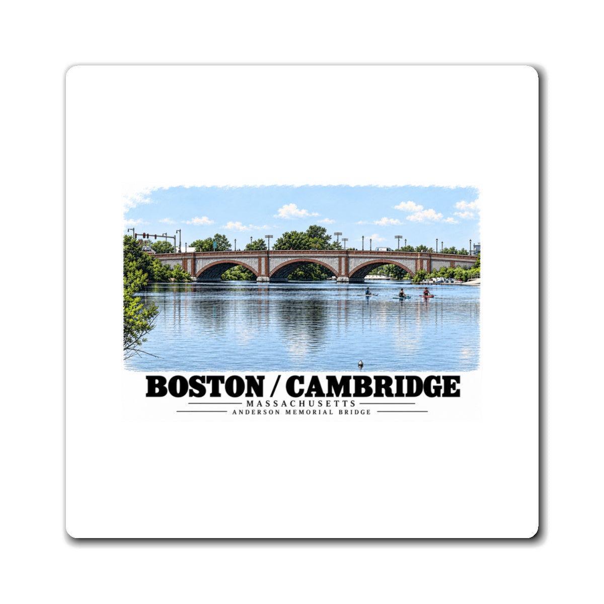White rectangular magnet showing Anderson Memorial Bridge and scullers artwork and Boston/Cambridge lettering