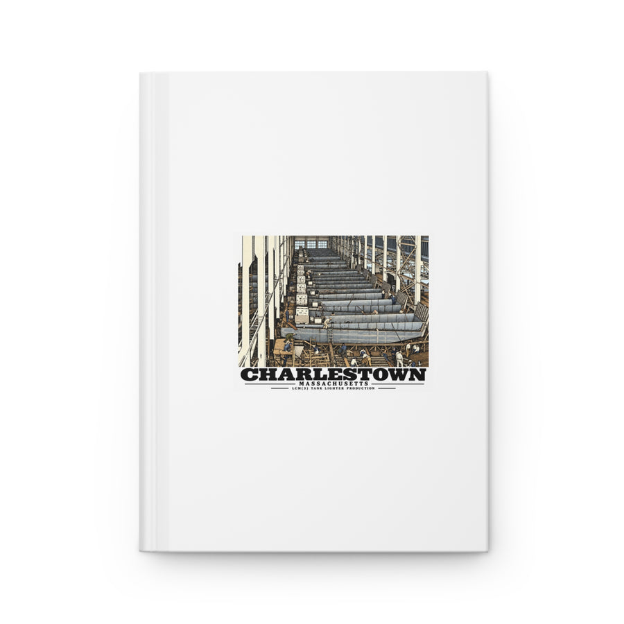 Front of matte hardcover journal with landing-craft production artwork and Charlestown lettering