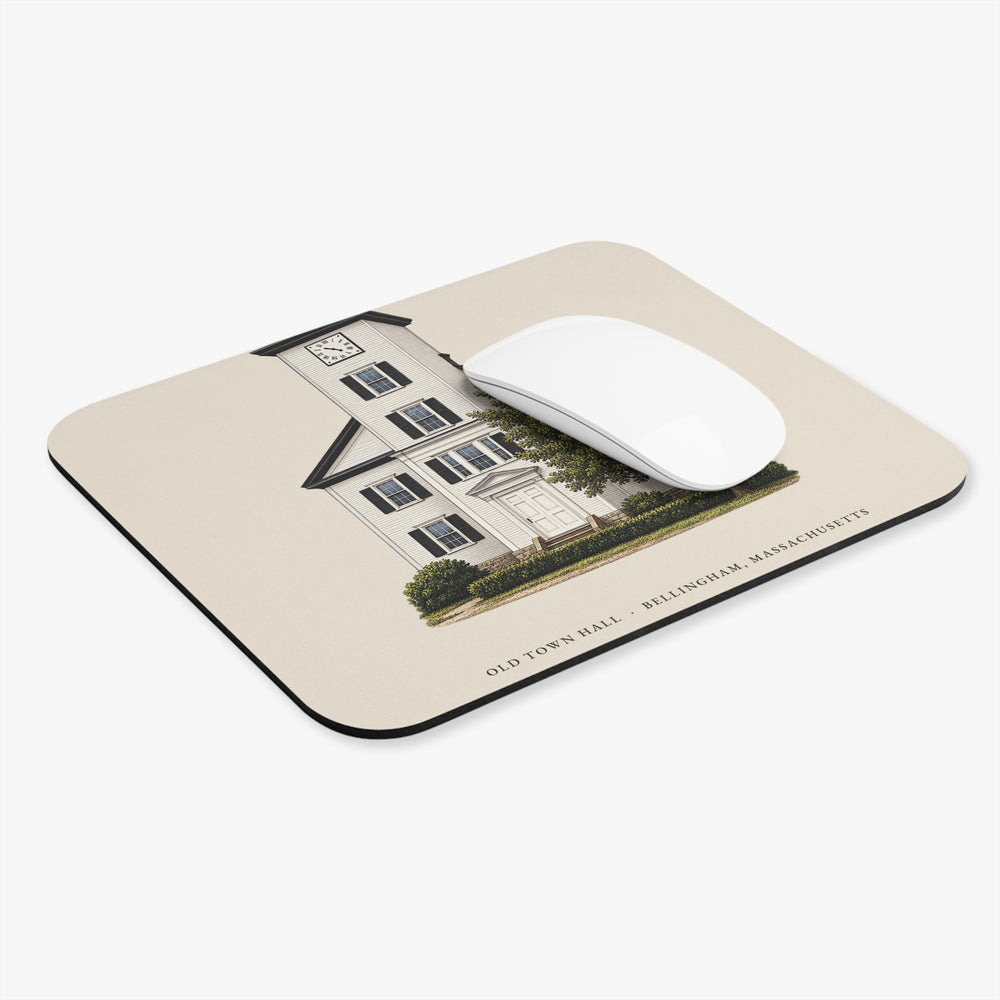 Bellingham Old Town Hall mouse pad mockup showing the full illustrated print