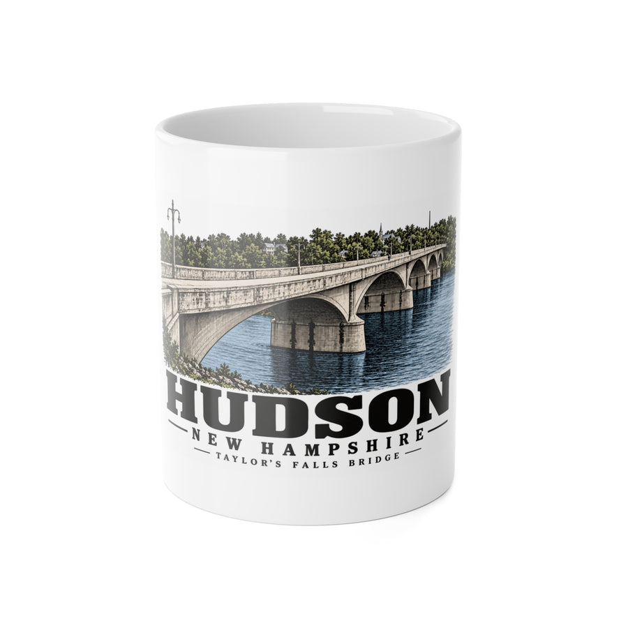 Front of Taylor’s Falls Bridge white ceramic mug, Hudson, New Hampshire.